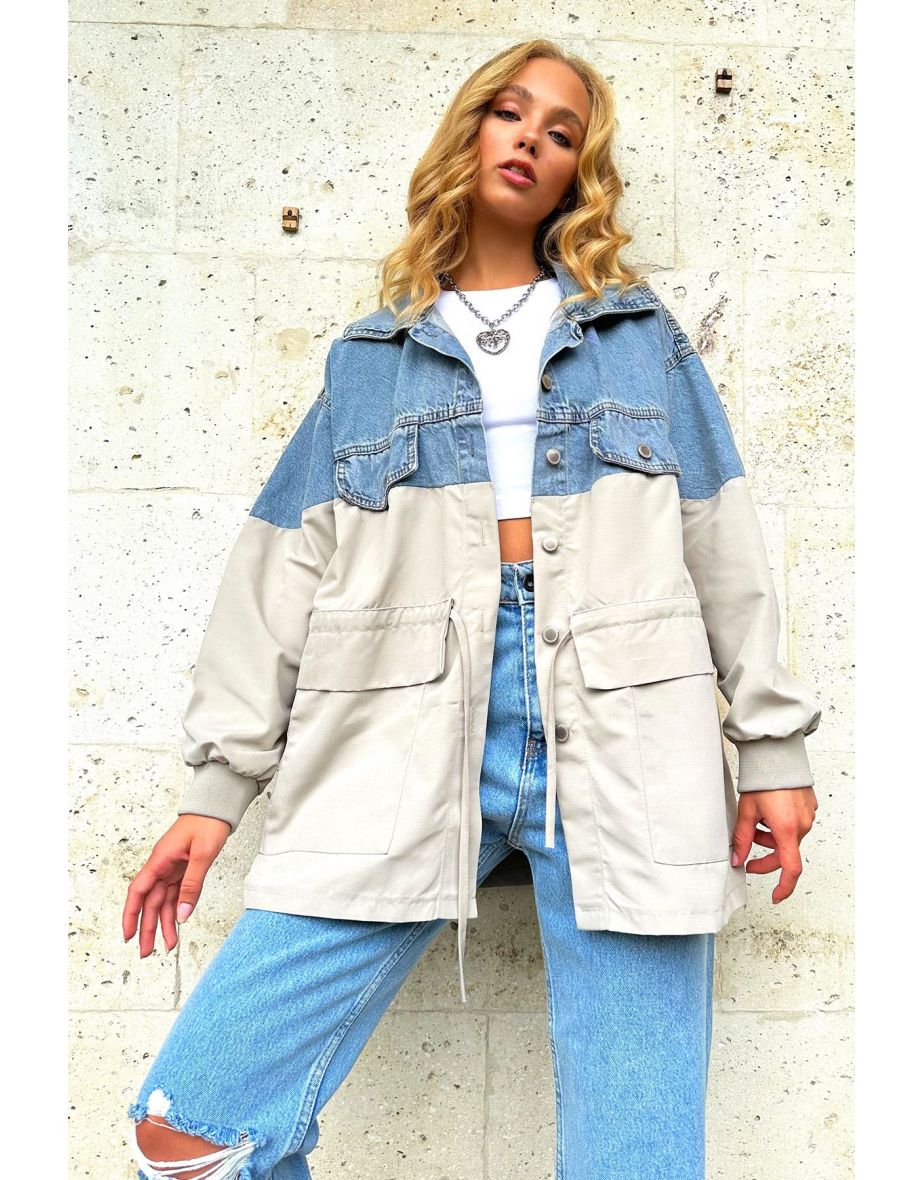 Women's Gray Four Pocket Parachute Garnish Oversize Jean Jacket