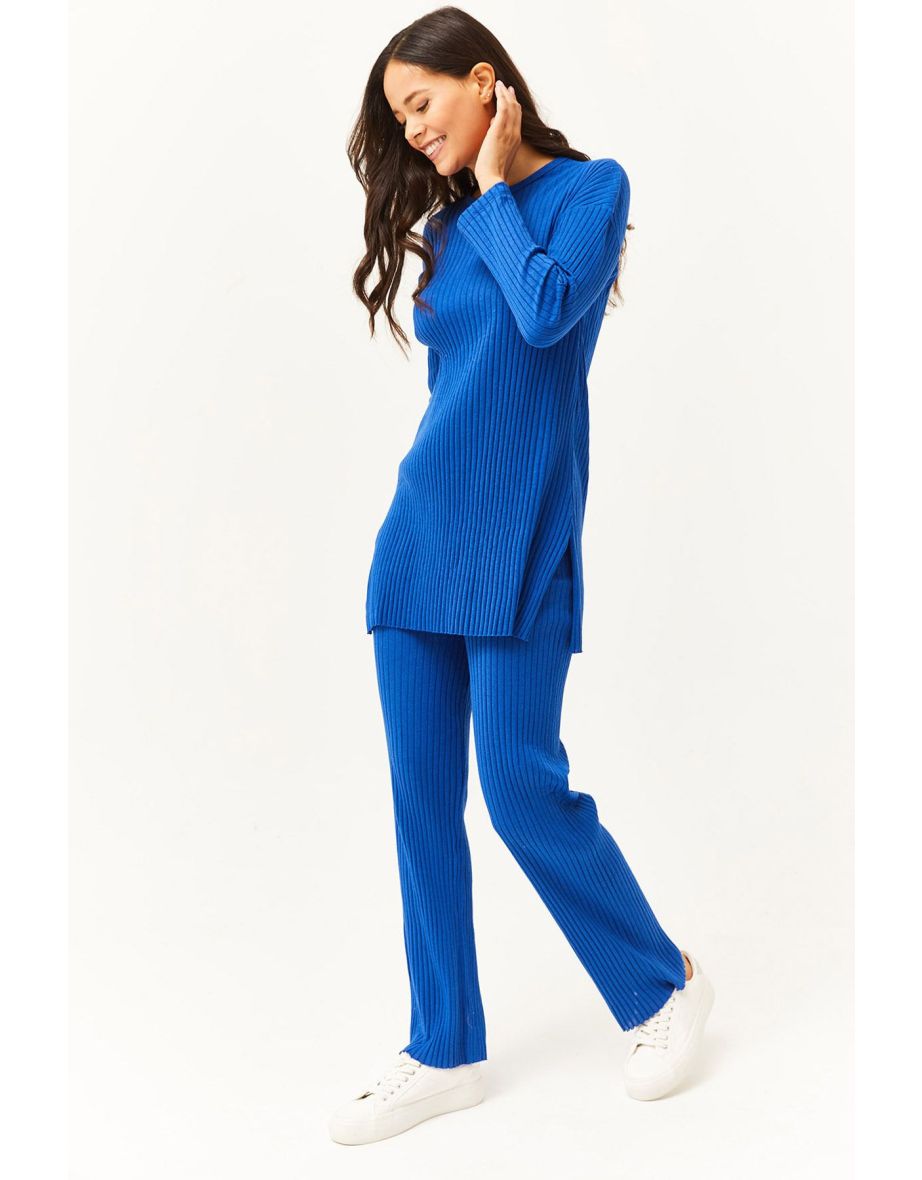 Women's Saxe Blue Top Slit Blouse Bottom Palazzo Ribbed Suit