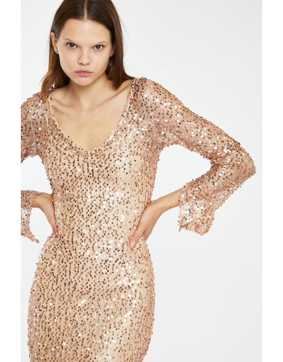 Rose-Gold Sequin Mesh V-Neck Maxi-Dress - 3