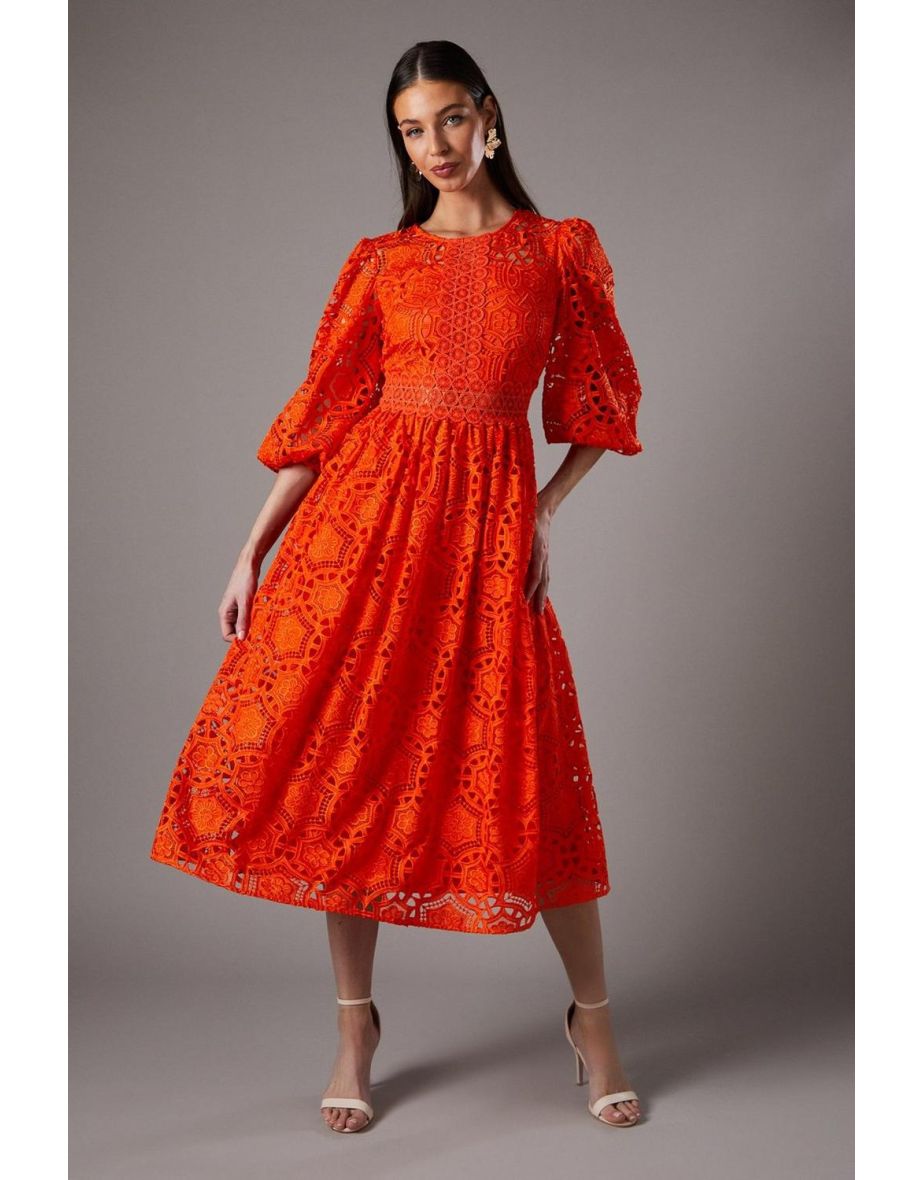 Geo lace Blouson Sleeve Midi Dress