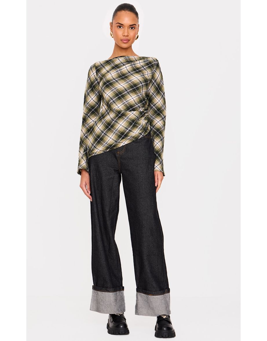 Green Check Asymmetric Long Top