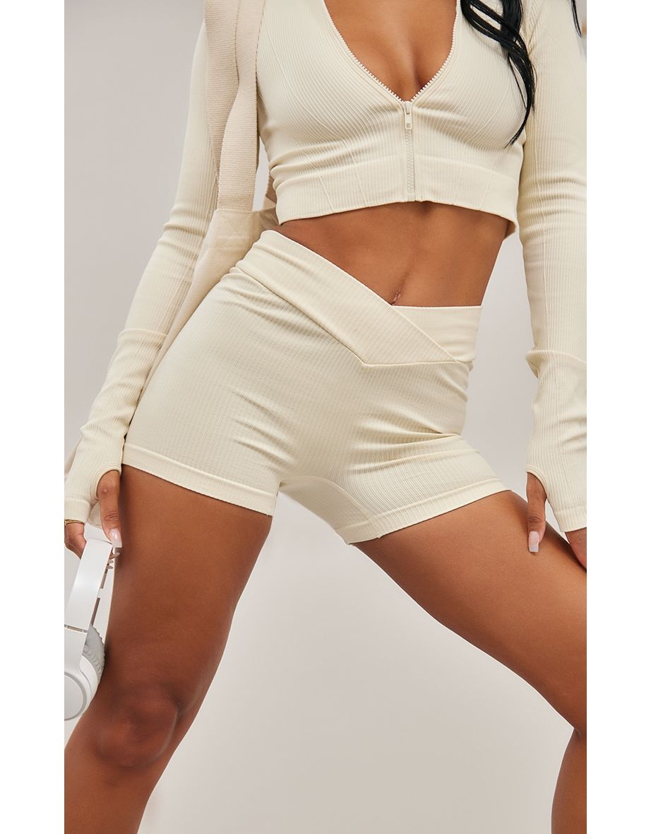 Cream Seamless Strappy V Front Gym Shorts