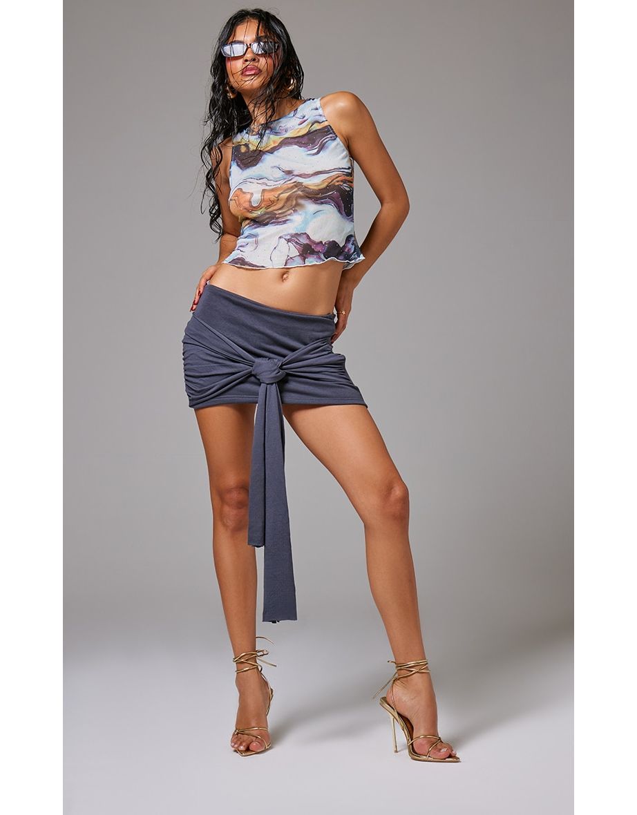 Charcoal Tie Front Knot Drape Mini Skirt