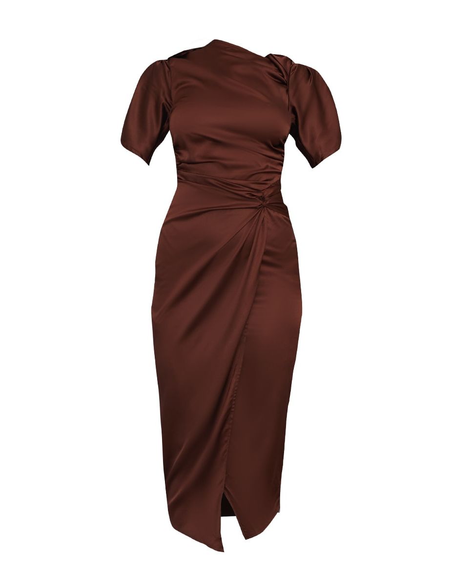 Chocolate Satin Short Sleeve Ruched Midaxi Dress - 4
