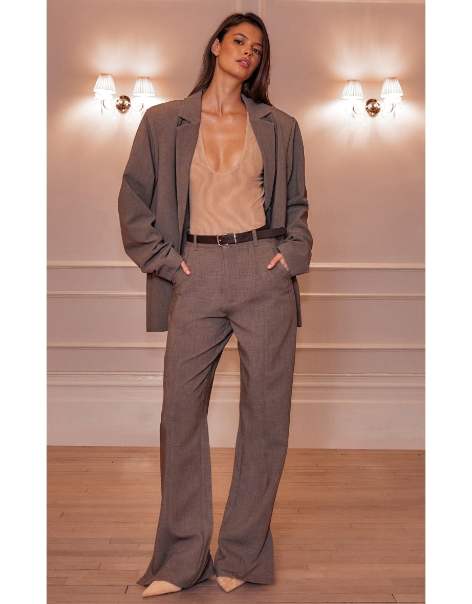 Dark Taupe Wide Leg Split Hem Trousers