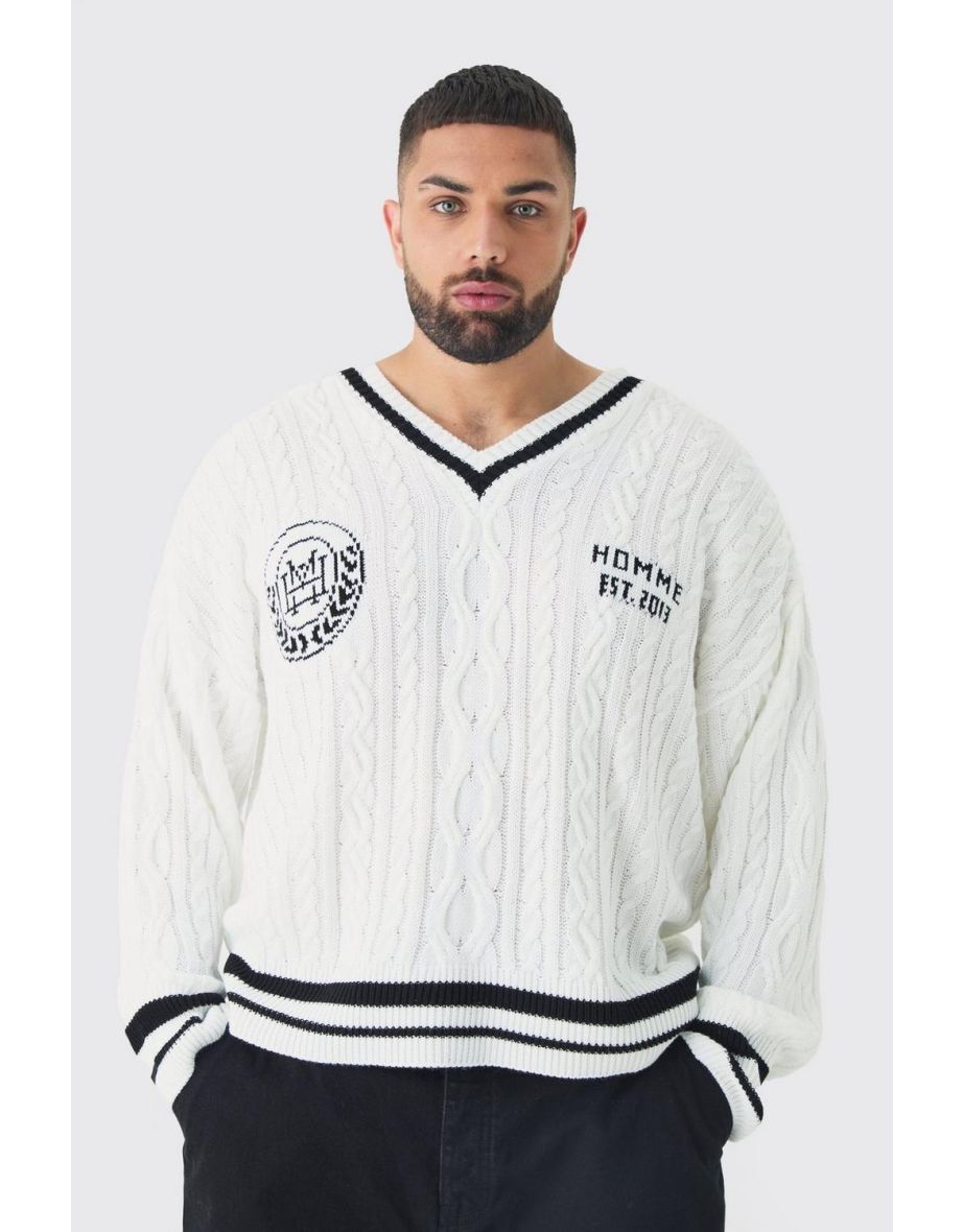 Plus V Neck Varsity Jumper - ecru