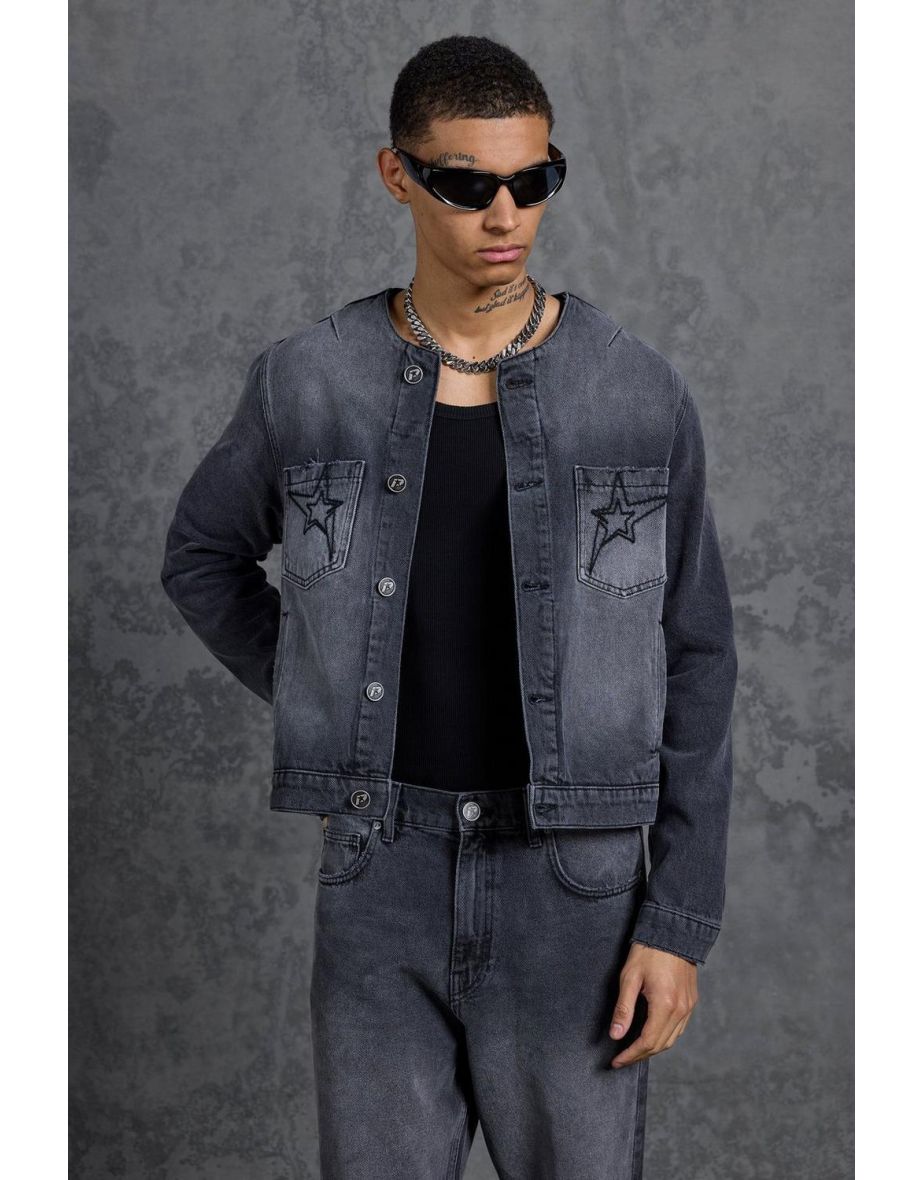 Collarless denim jacket men best sale