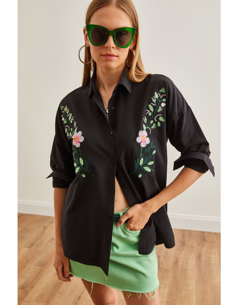 Women's Violet Black Embroidery Detailed Oversize Woven Shirt