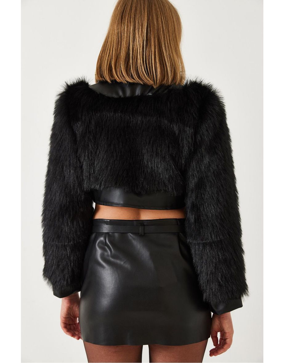 Women's Leather Garni Detailed Crop Faux Fur Jacket 2622 - 5