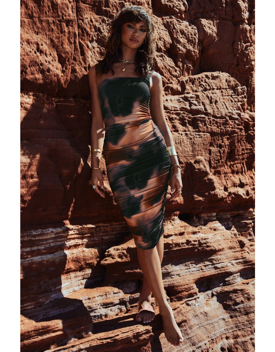 Lisbon | Orange Smoke Print Square Neck Ruched Midi Dress - 5