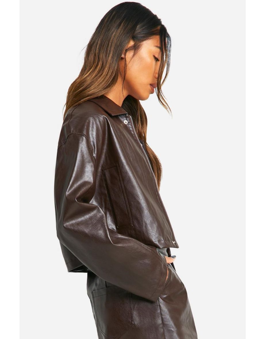 Cropped Faux Leather Jacket - burgundy - 3