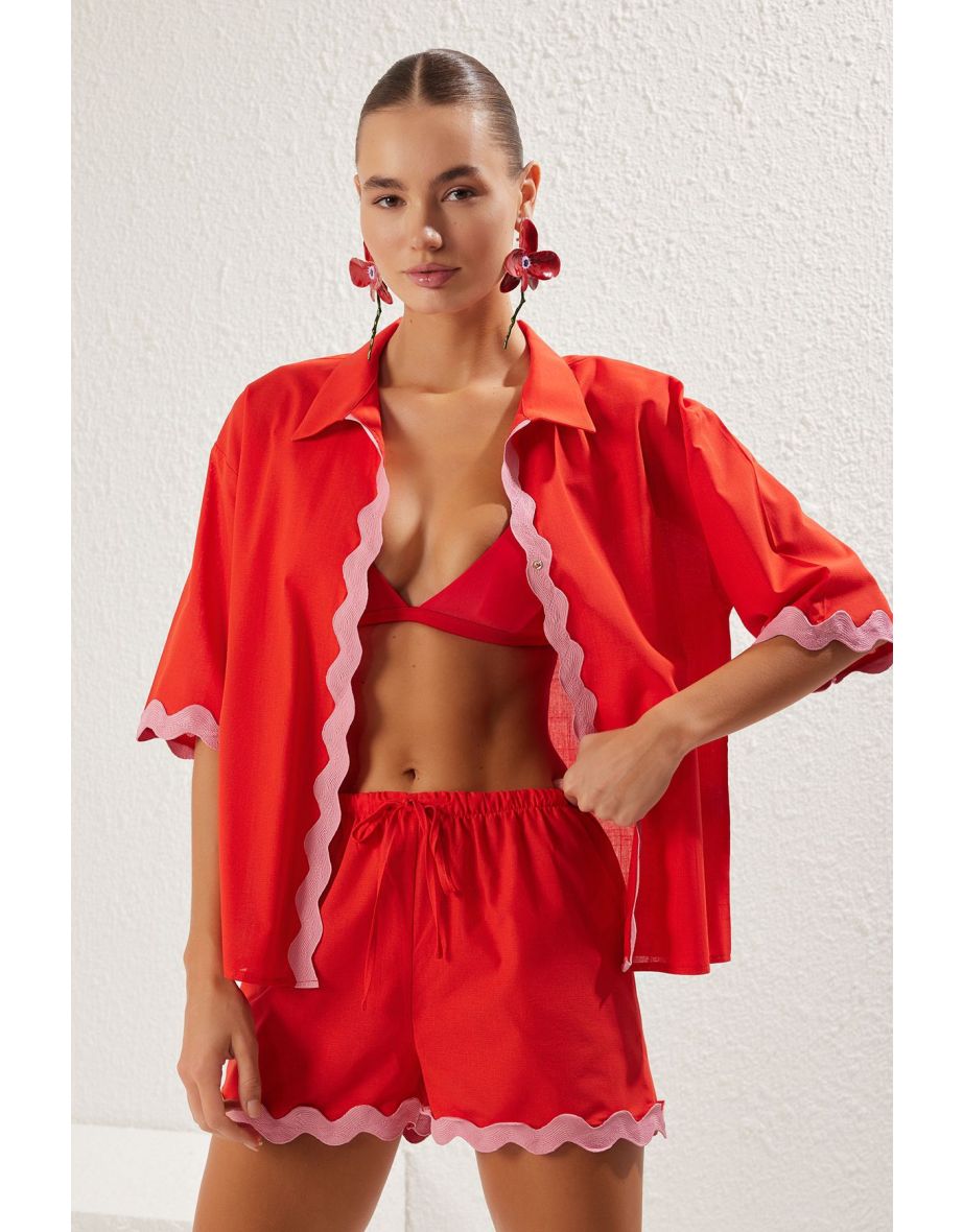 Red Pink Stripe Accessory Kimono Shorts Set