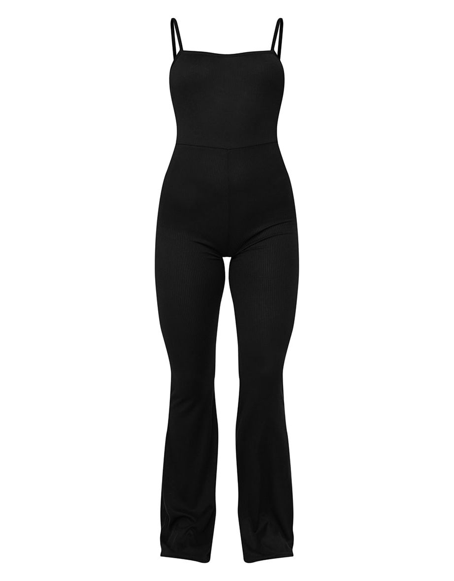 Black Ribbed Strappy Square Neck Flared Jumpsuit - 4