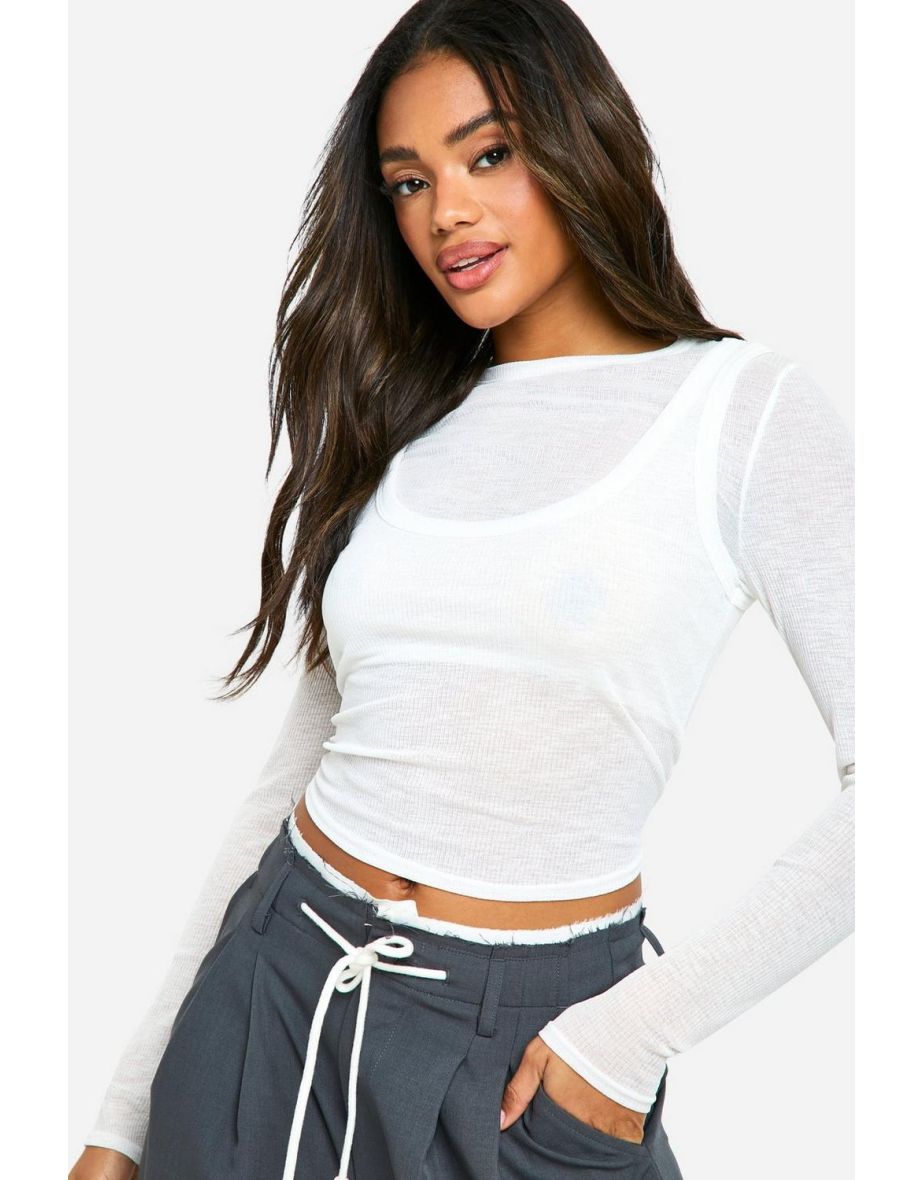 Textured Mesh 2 Layer Long Sleeve Top - white - 3
