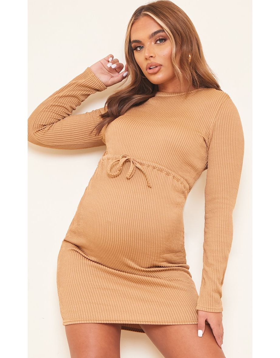 Maternity Camel Tie Waist Mini Dress