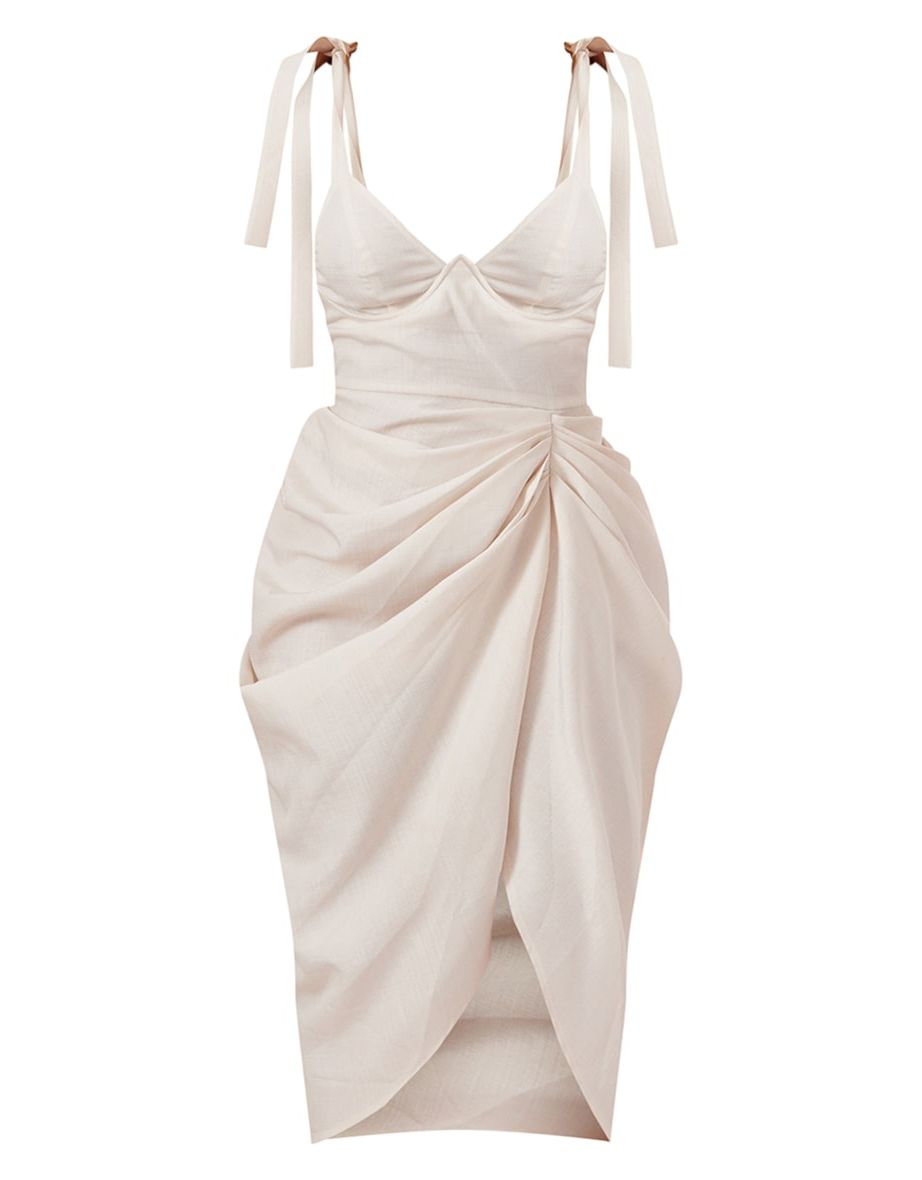 Stone Linen Look Draped Underwire Detail Midi Dress - 4