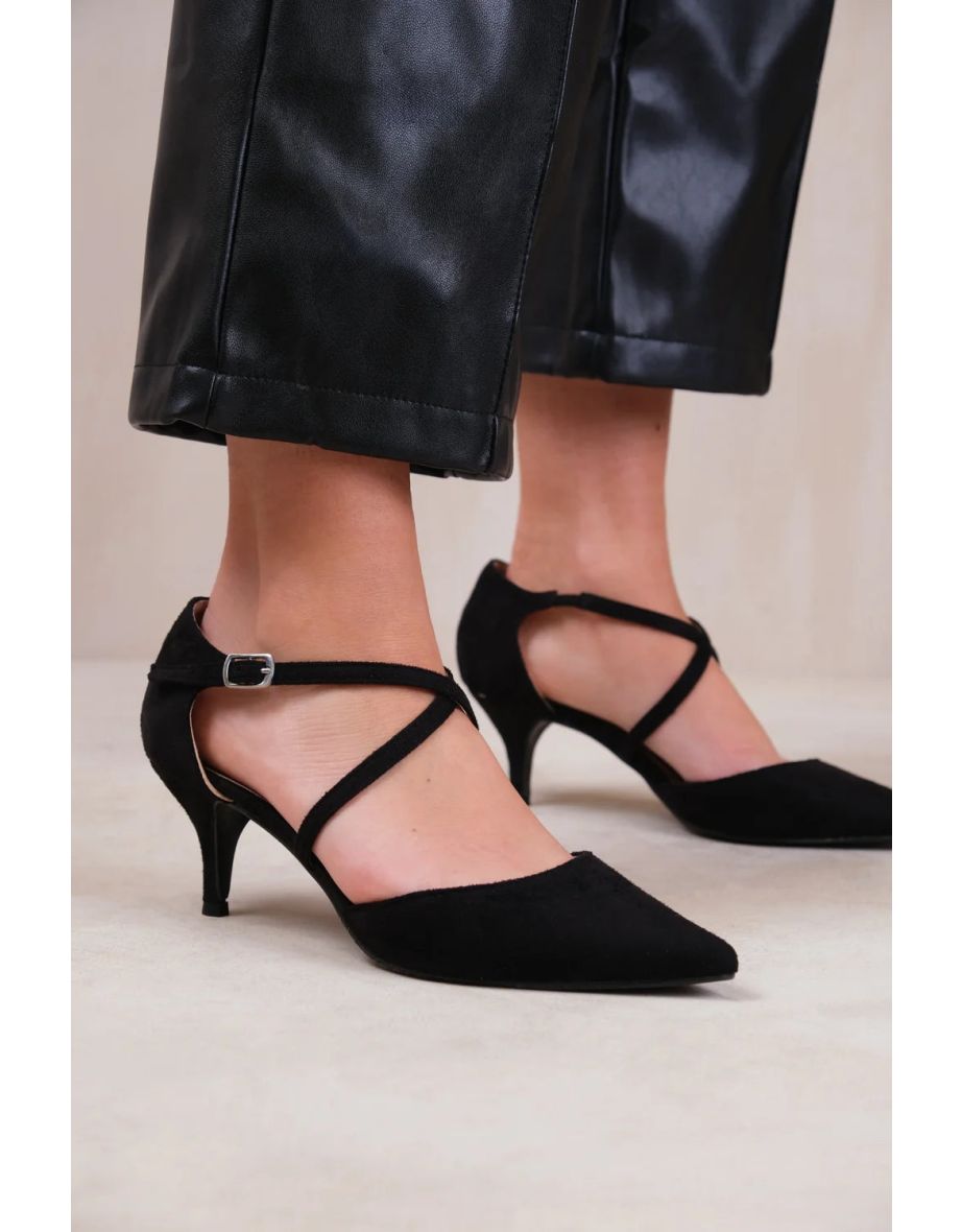 Shop KENNEDI WIDE FIT LOW KITTEN HEEL WITH CROSSOVER STRAP IN BLACK SUEDE Online in Qatar VogaCloset