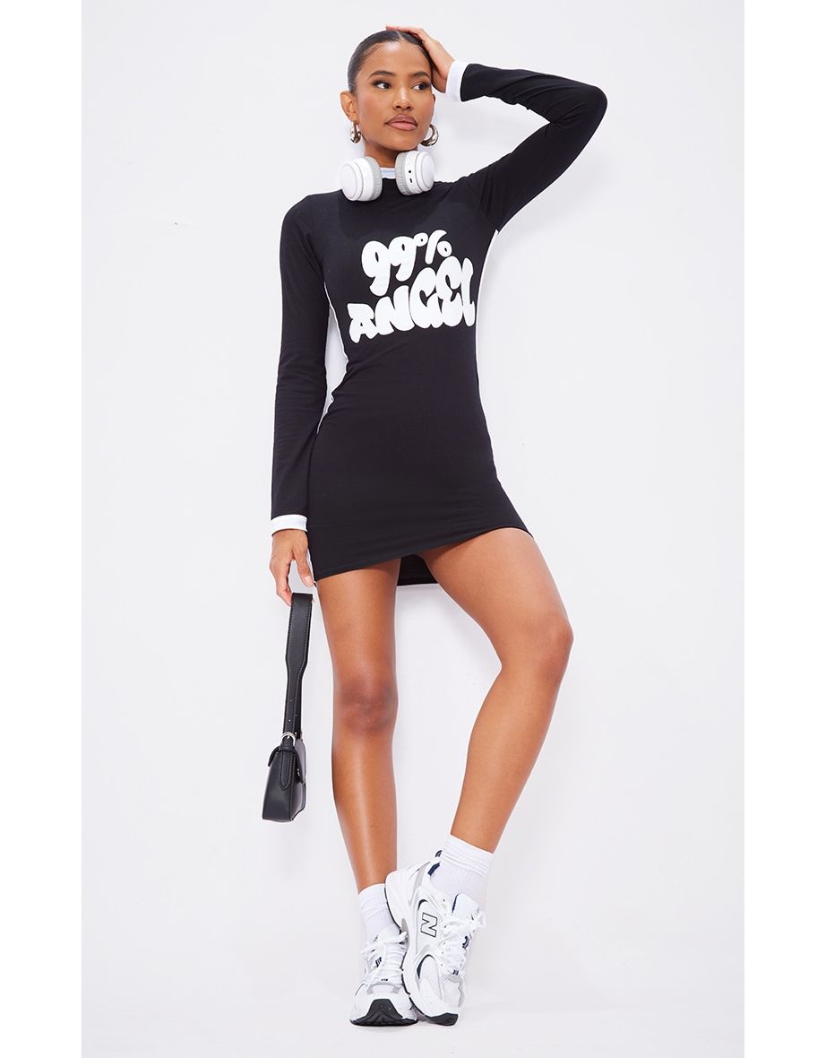 Shop Black Angel Slogan Contrast Sleeve Bodycon Dress Online in Qatar VogaCloset