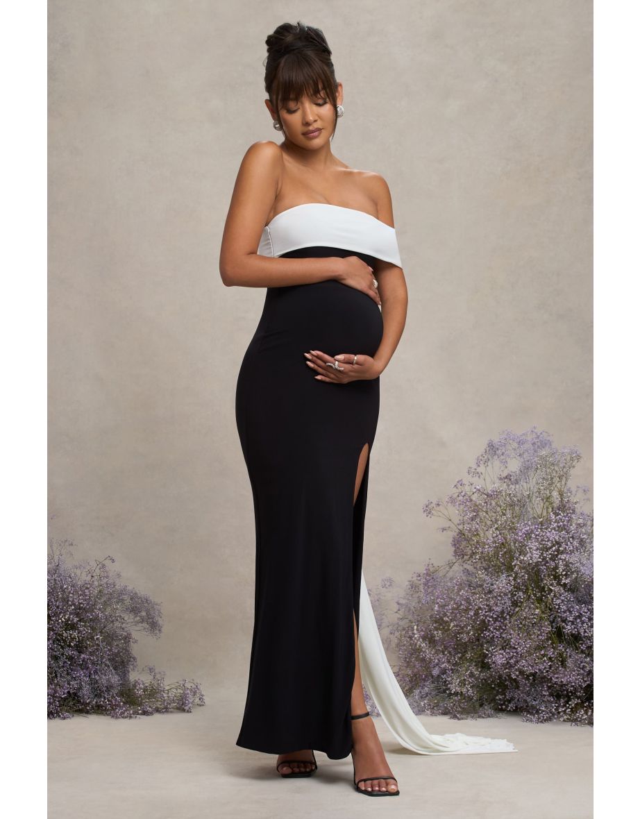 Legacy | Black & White Bardot Split Maternity Maxi Dress With Drape - 4