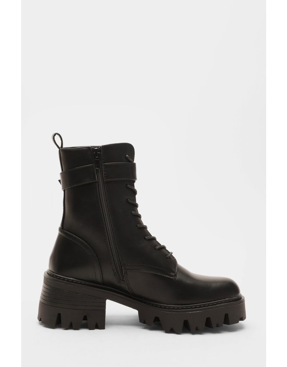 Black Faux Leather Lace Up Buckle Boots - 5