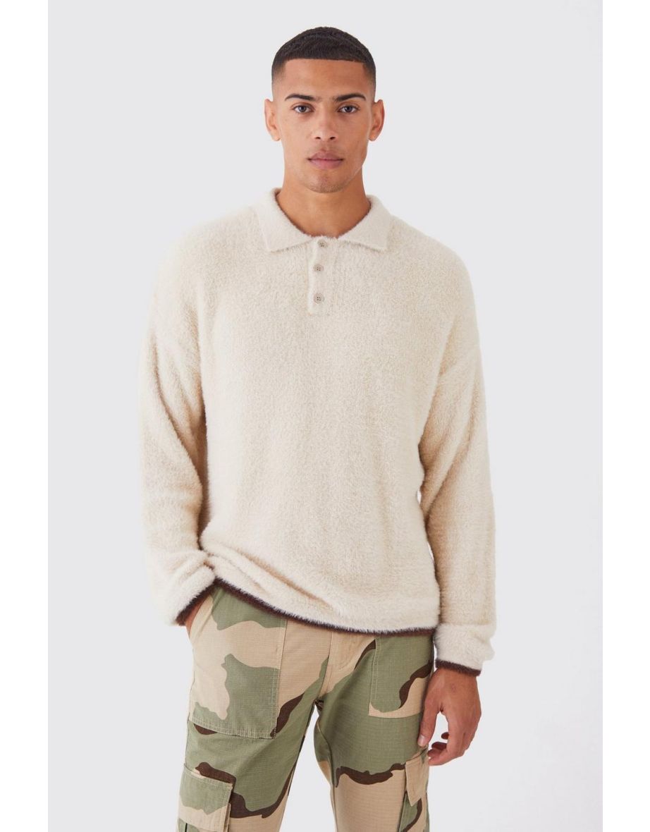 Boxy Fluffy Knitted Polo With Tipping - stone