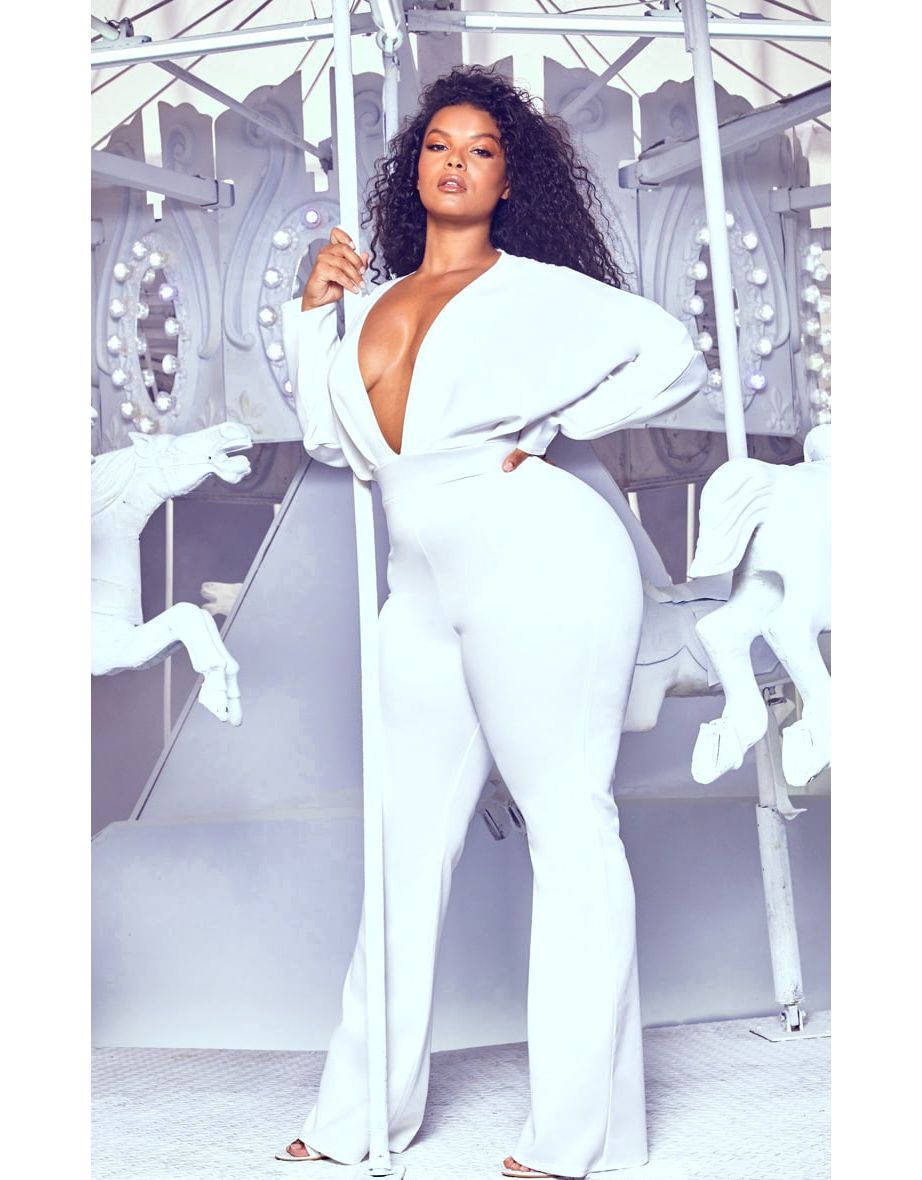 Plus White Pleated Balloon Sleeve Jumpsuit