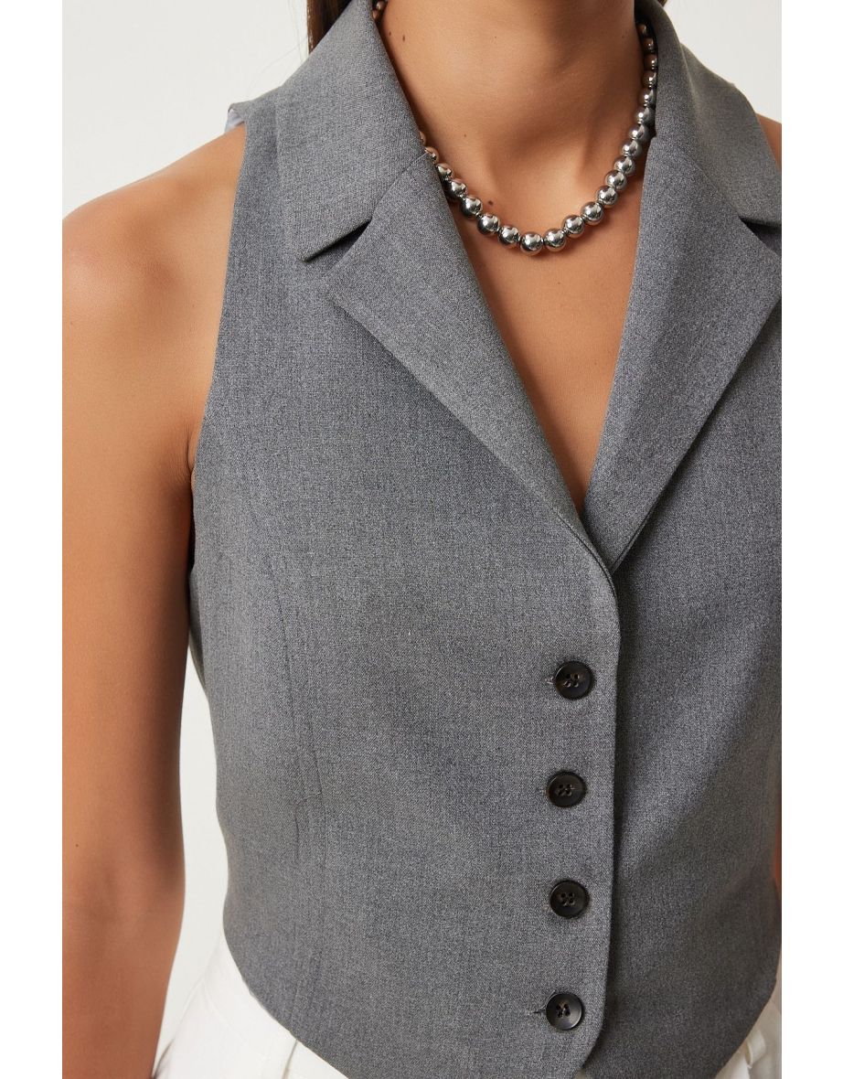 Women's Gray Shawl Collar Woven Vest - 6