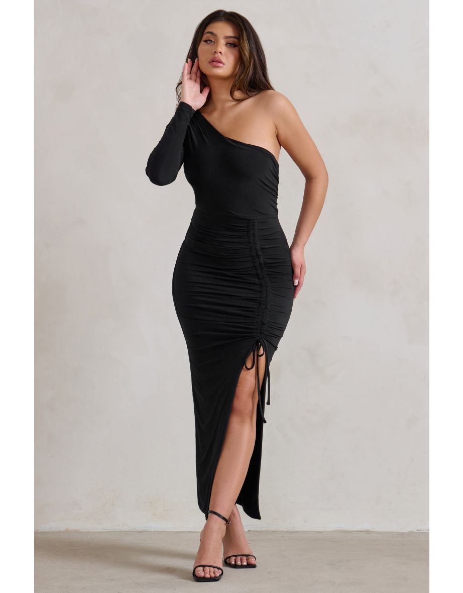 Black One Shoulder Maxi Dress With Ruching Into Side Split