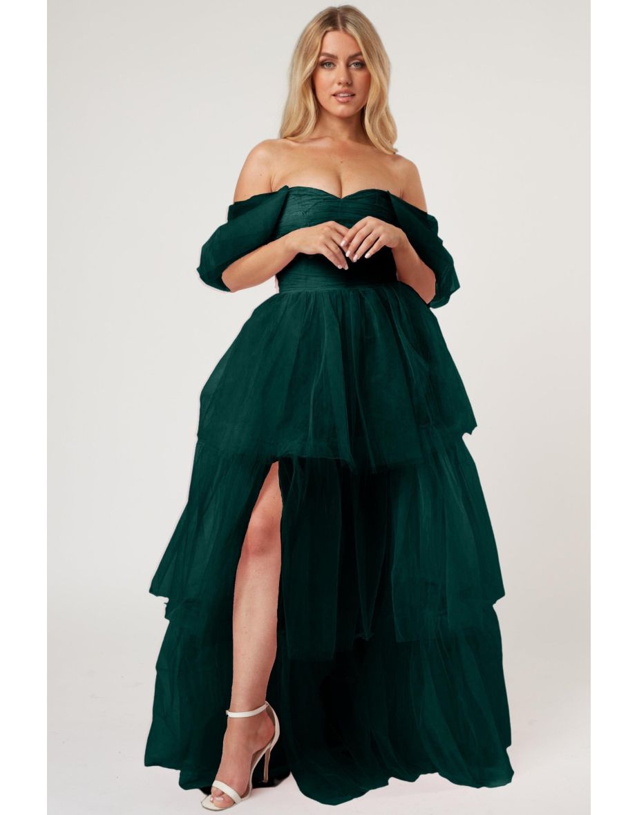 Sydney Off Shoulder Tulle Maxi Dress in Emerald Green