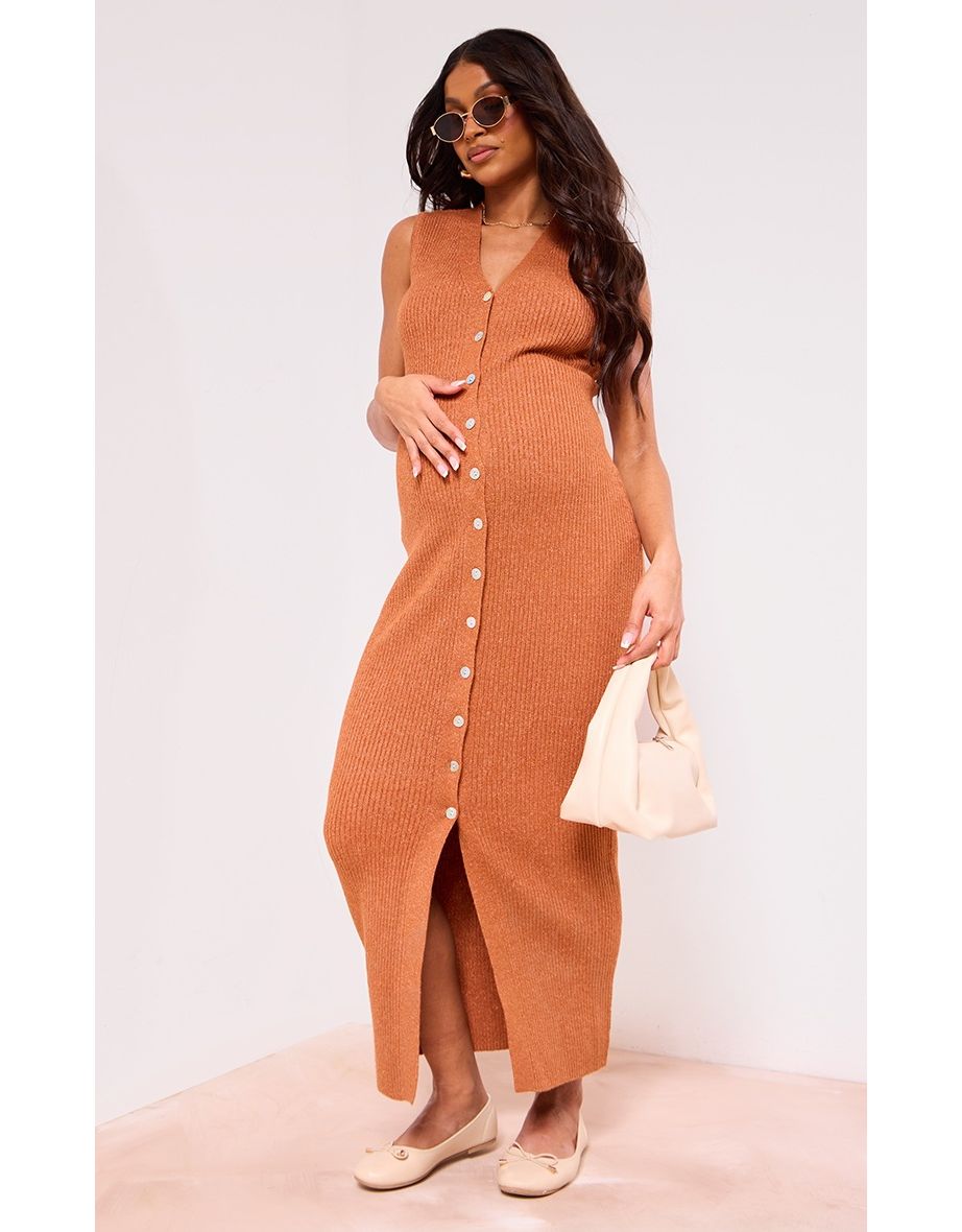 Maternity Rust Knit Sleeveless Button Up Maxi Dress