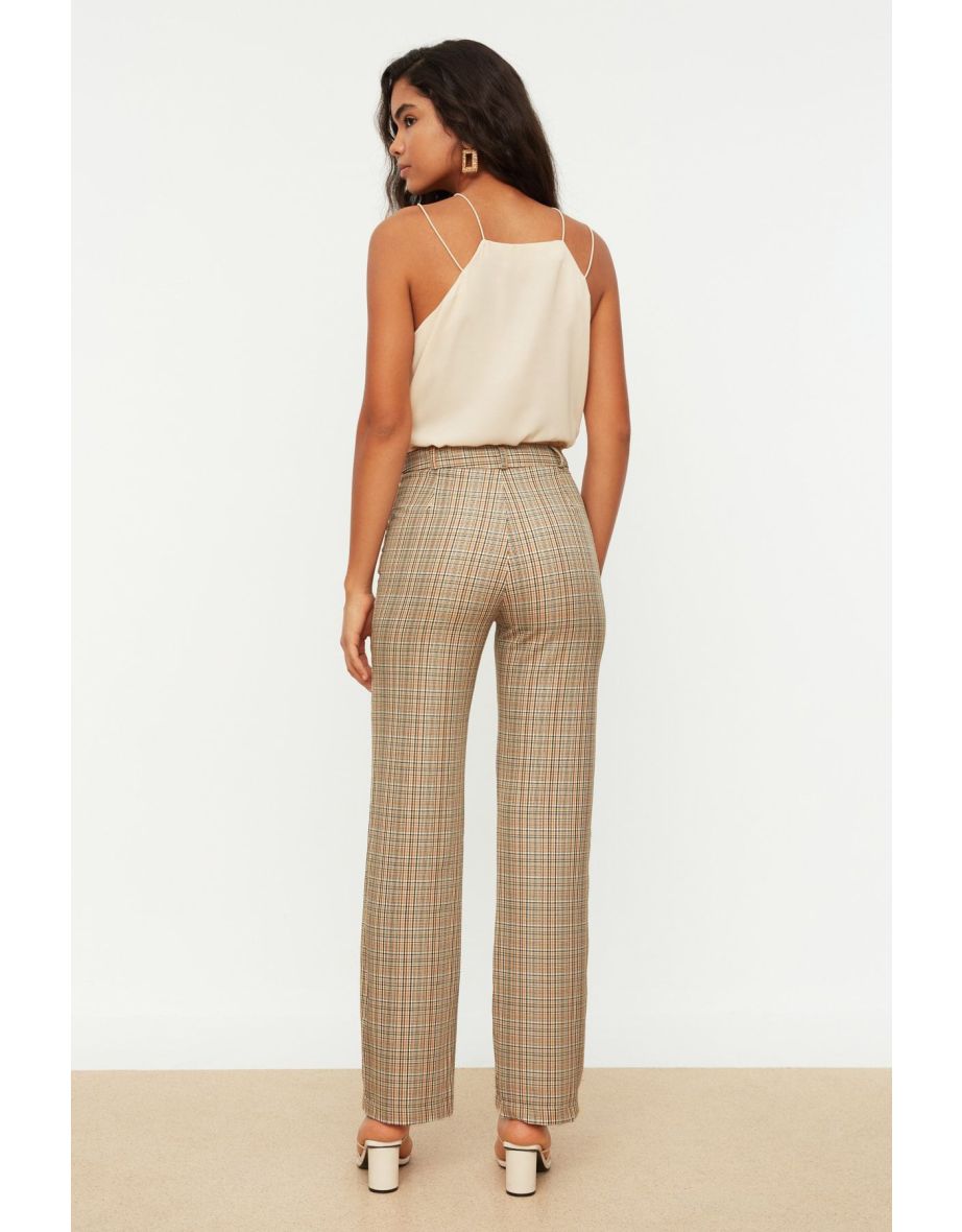Beige High Waist Straight/Straight Fit Woven Plaid Trousers - 4