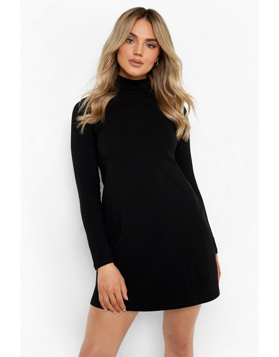 Basic Roll Neck Long Sleeve Swing Dress - black - 3