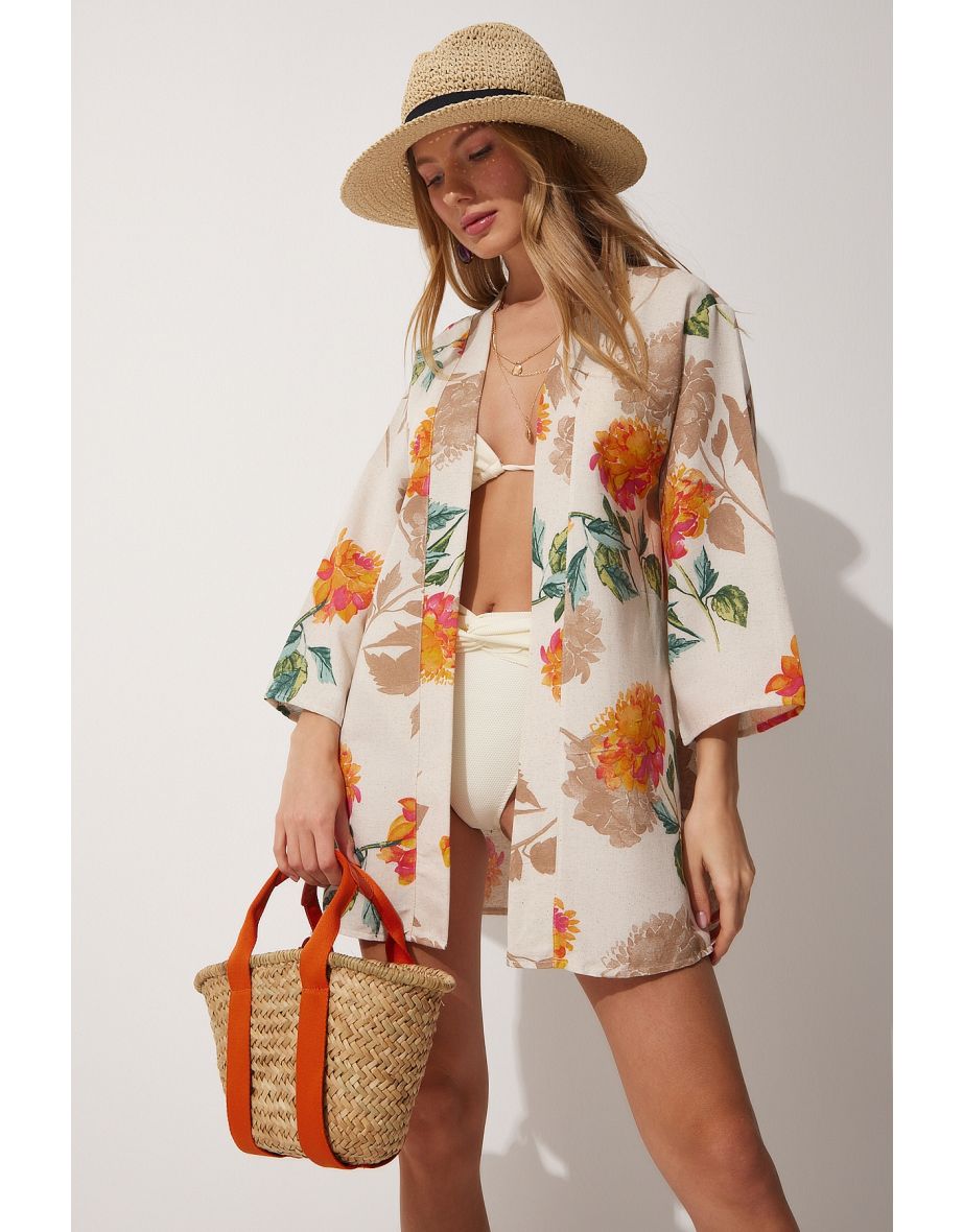 Women's Beige Orange Patterned Linen Viscose Kimono