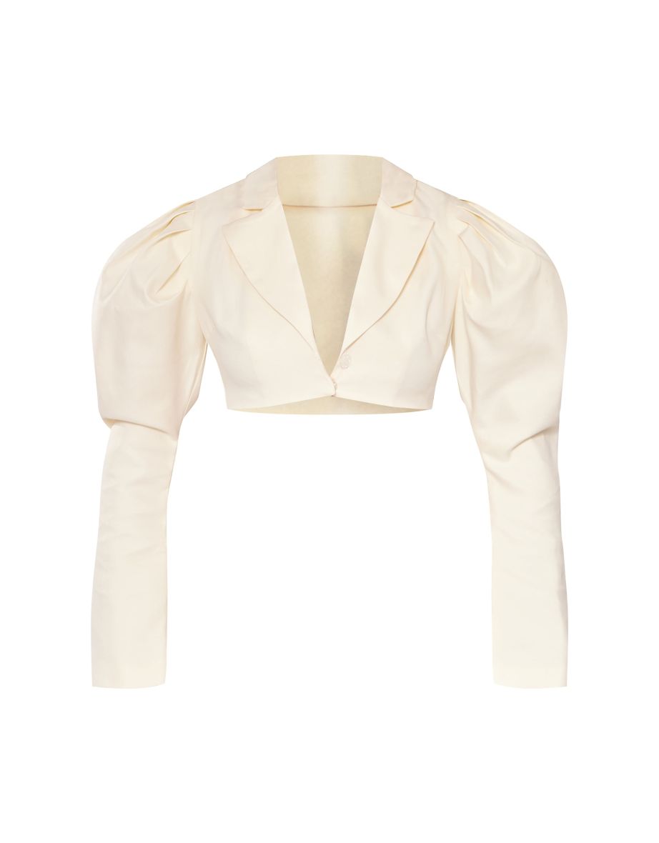 Cream Woven Puff Sleeve Cropped Blazer - 4