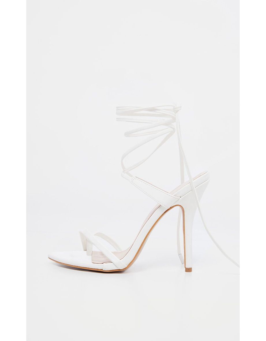 White Mid Heel Toe Loop Ankle Tie Heel - 3