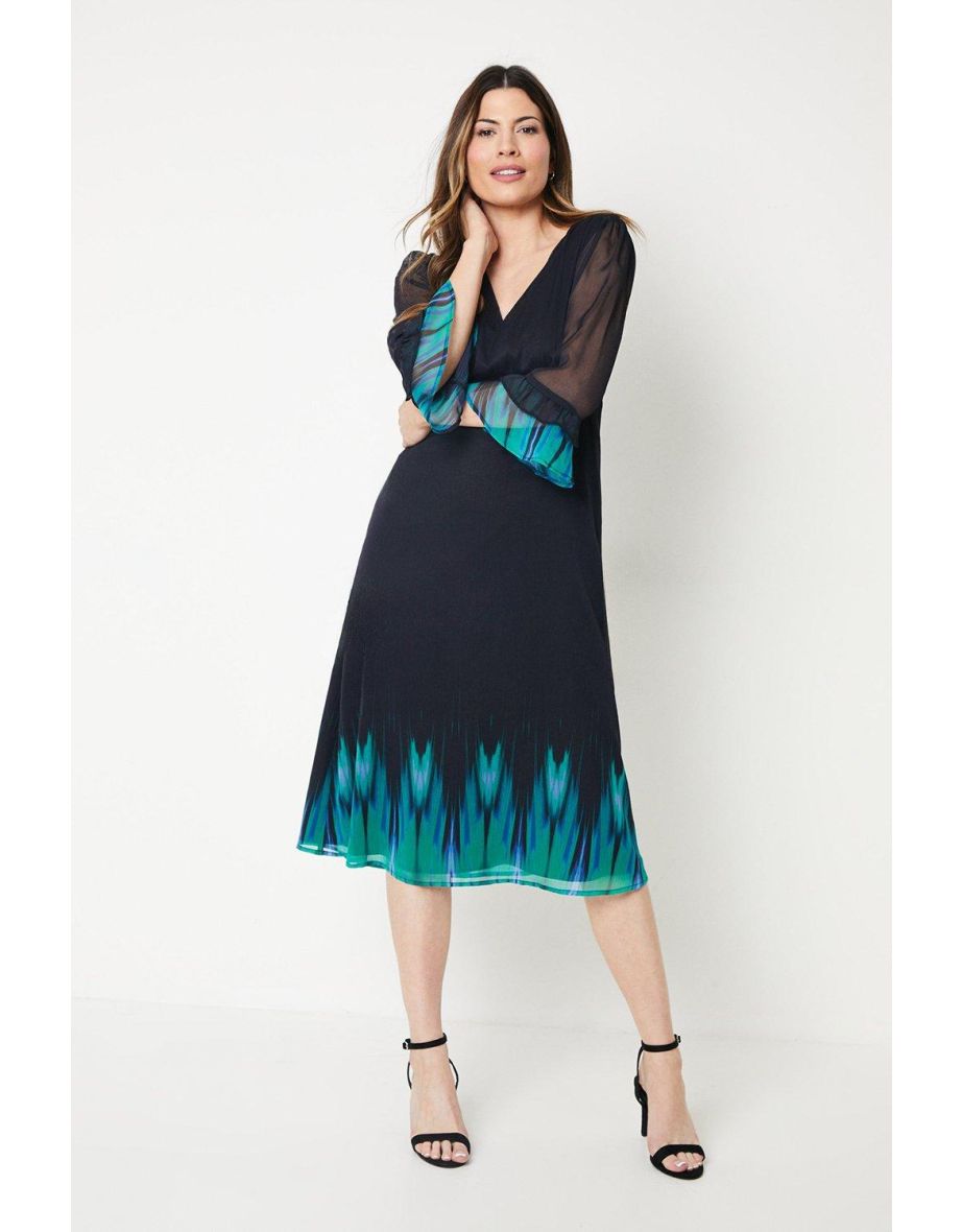 Ombre Print Flute Sleeve Chiffon Midi Dress
