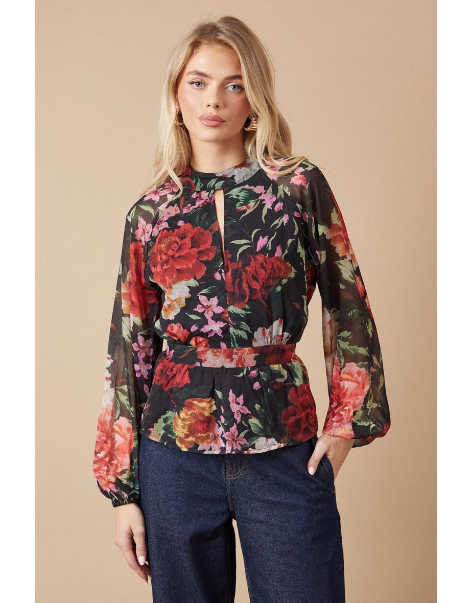 Printed Chiffon Tie Front Keyhole Blouse