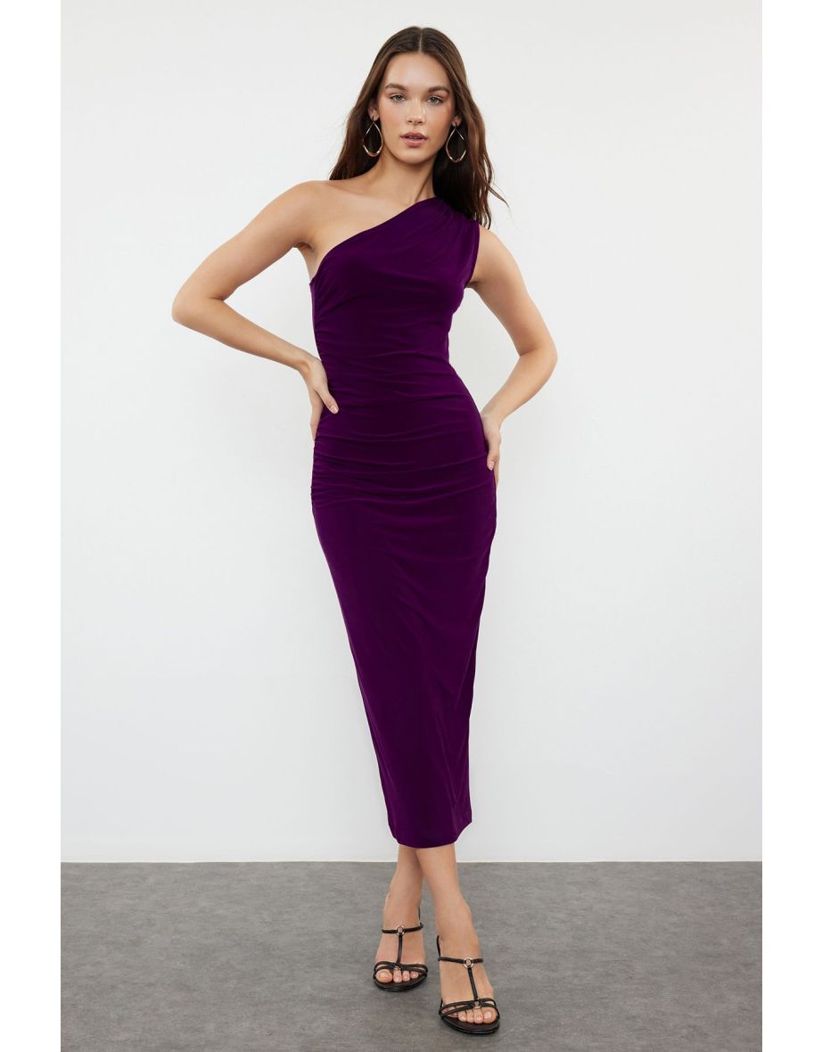 Dark Purple Straight One-Shoulder Draped Fitted Stretchy Knitted Dress - 6