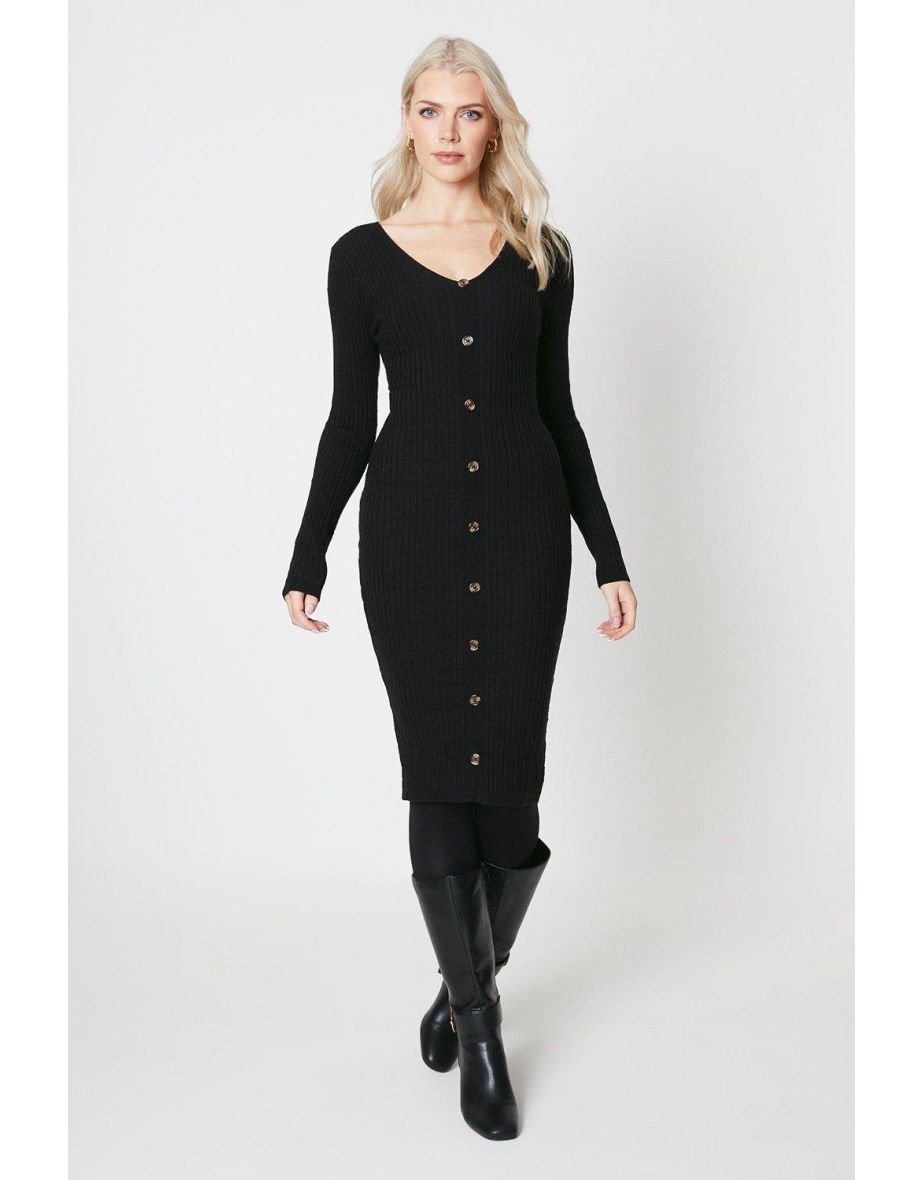 Rib Button Front Maxi Dress - black