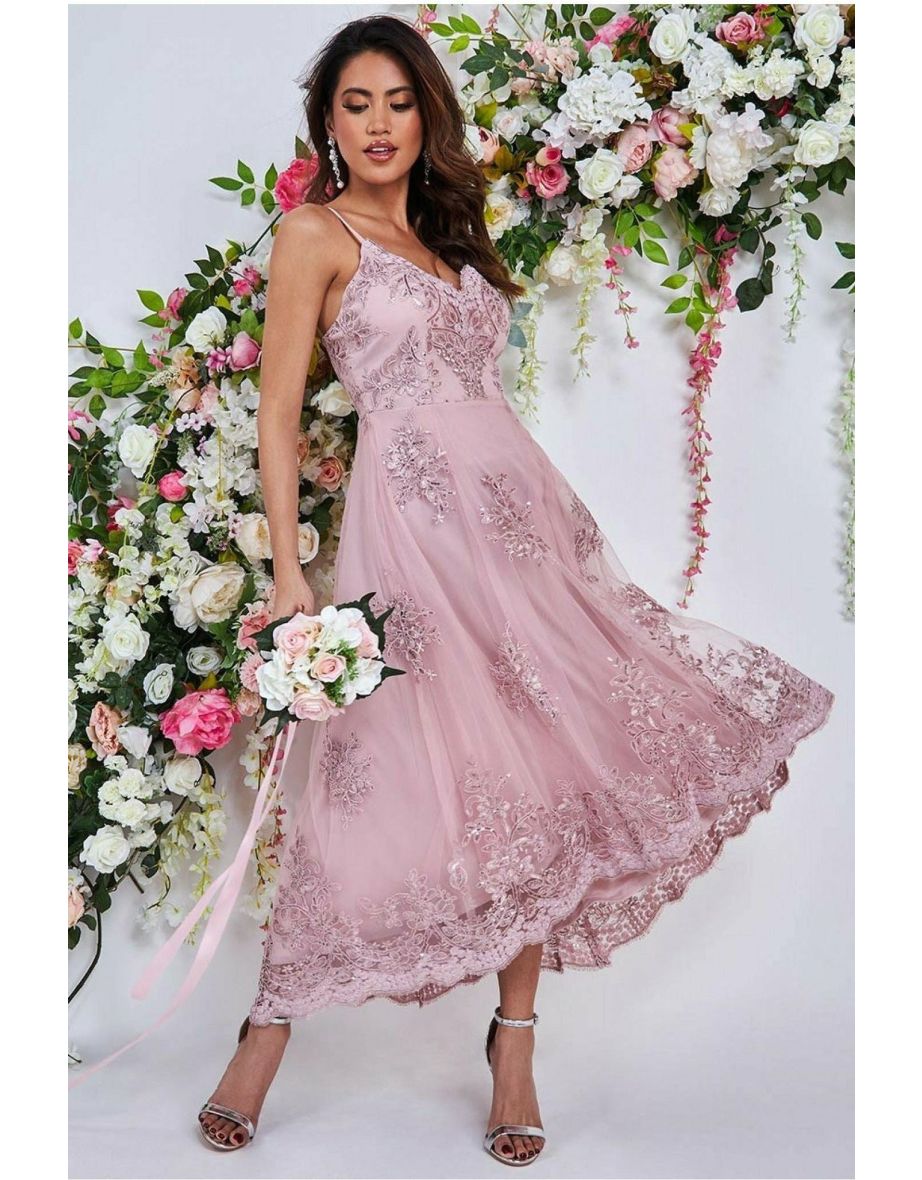 Goddiva High Low Scalloped Midi Dress - Blush