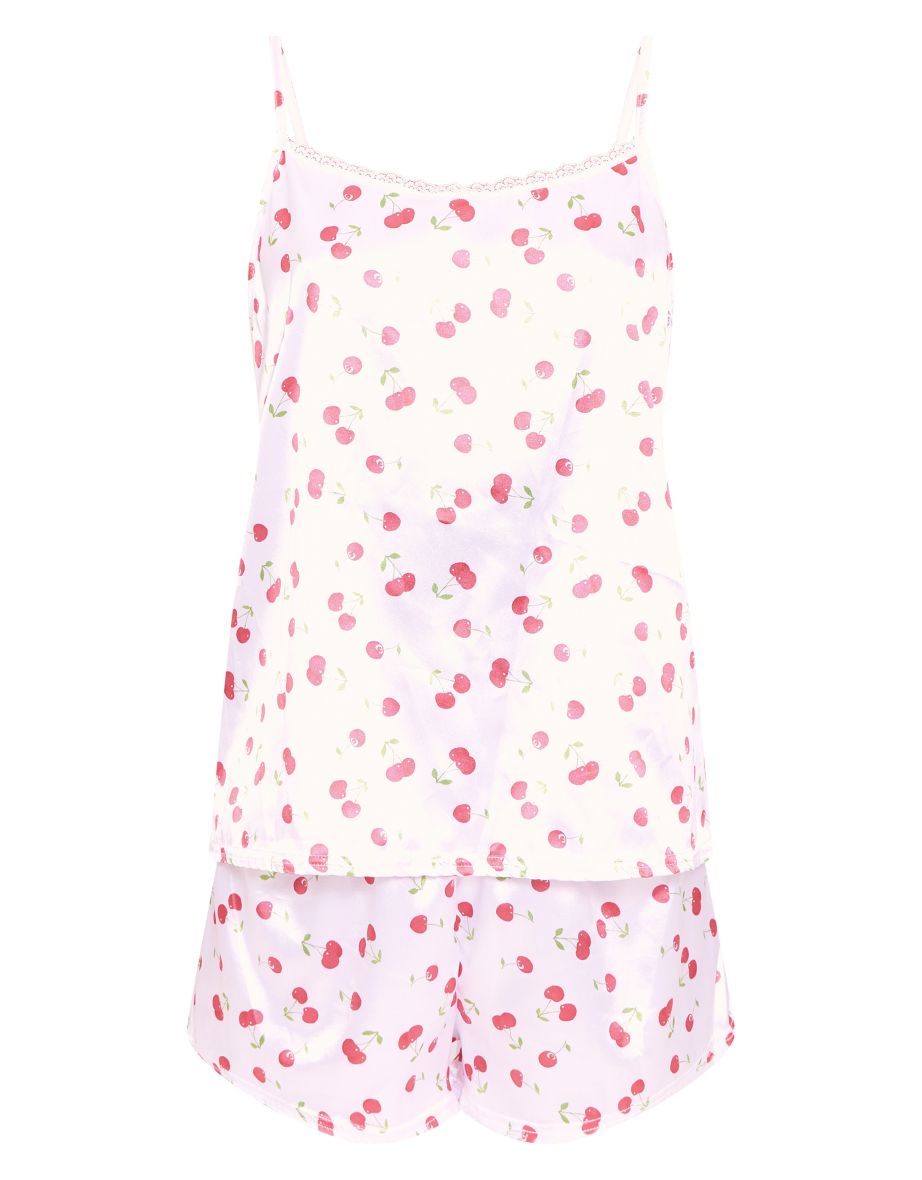 White Cherry Print Satin Cami Short PJ Set - 4