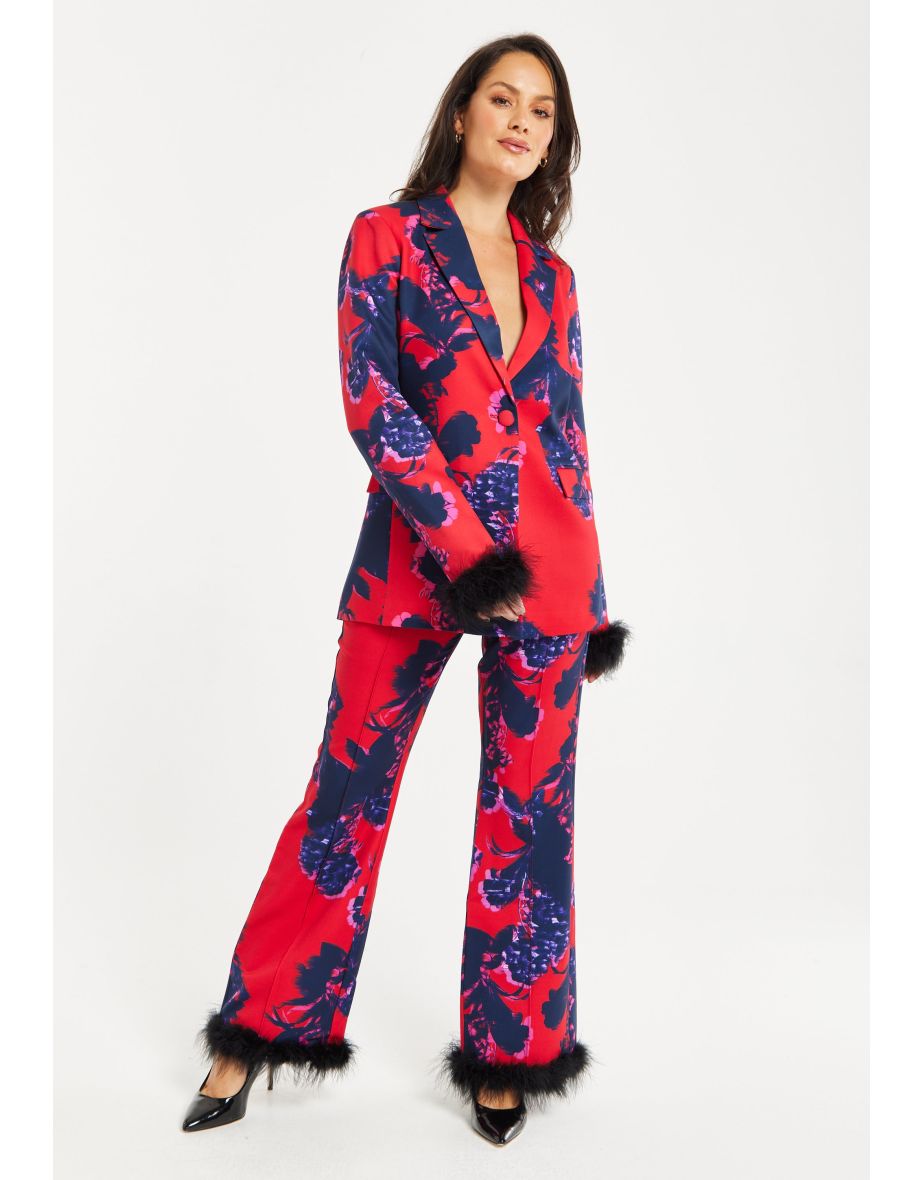 Women's Floral Print Blazer with Faux-Fur Cuffs and Fluffy Trim .