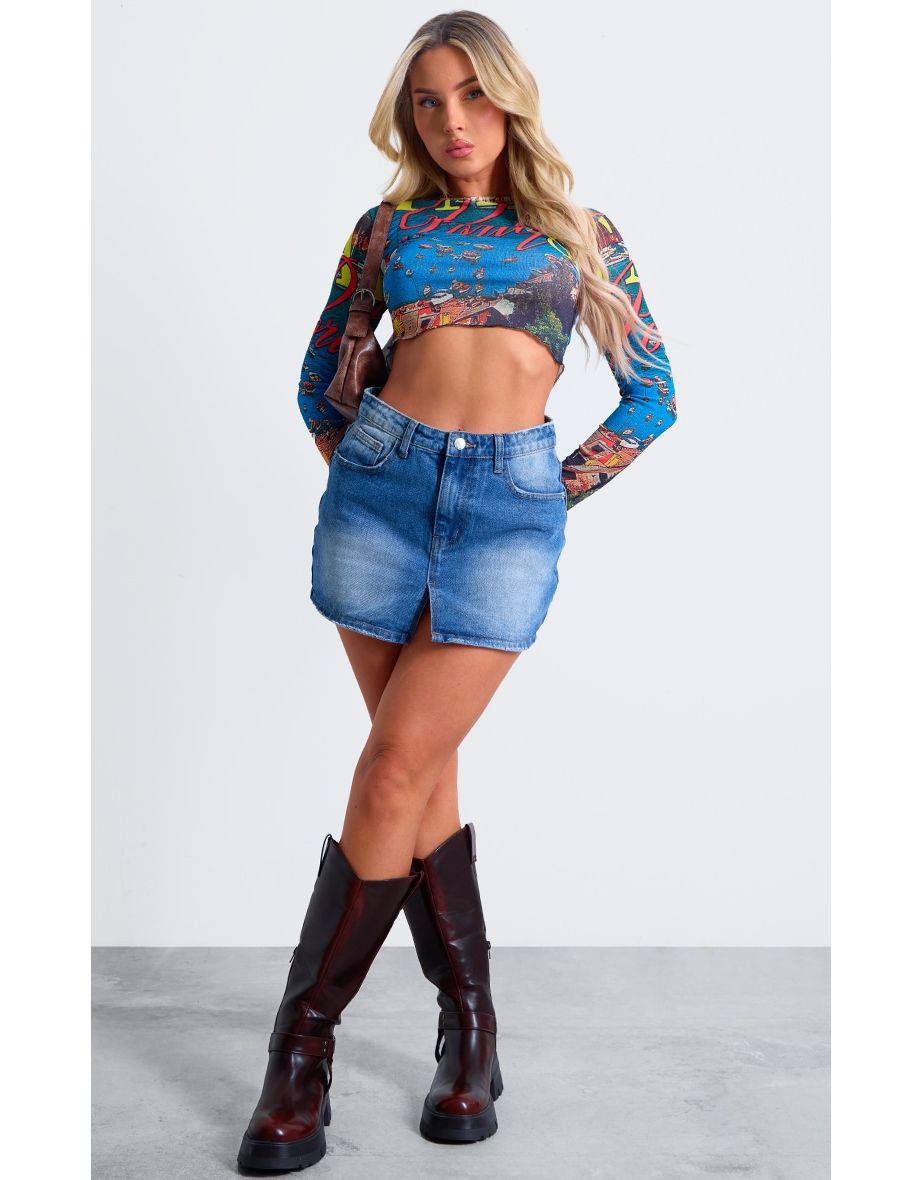 Blue Landscape Graphic Flared Sleeve Crop Top