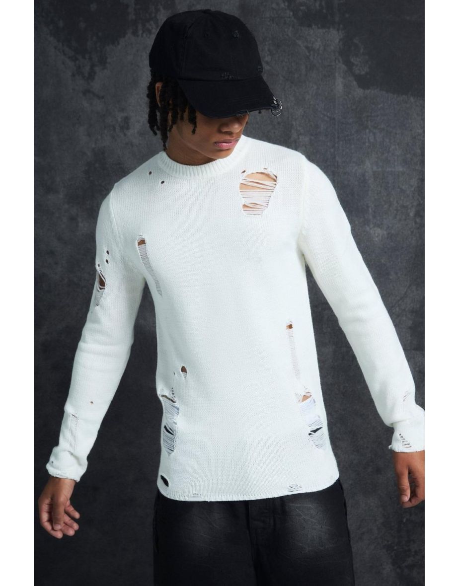 Trippie Redd Muscle Fit Distressed Jumper - white