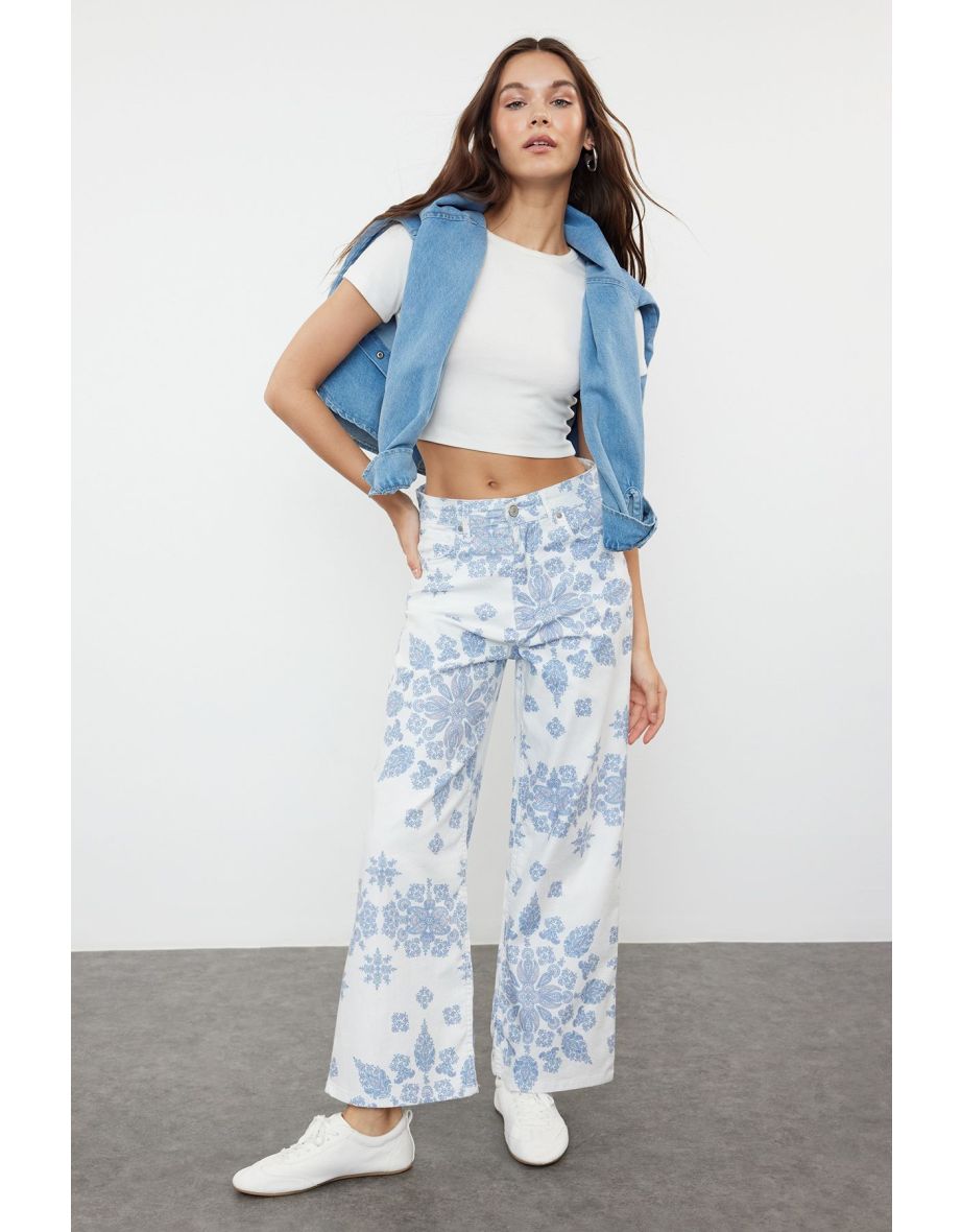 Multicolored Floral Printed High Waist Culotte Jeans