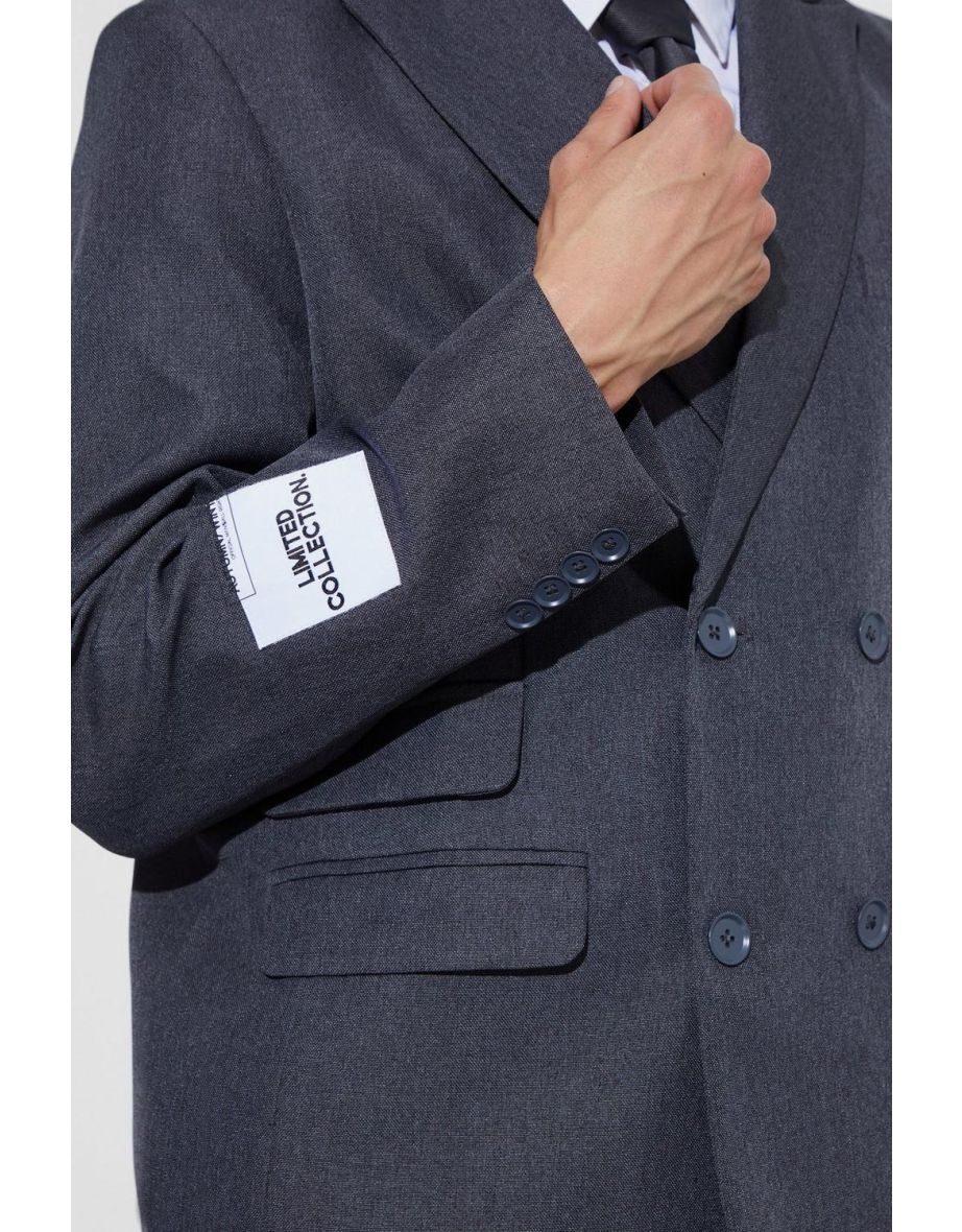 Oversized Double Breasted Textured Blazer - grey - 2