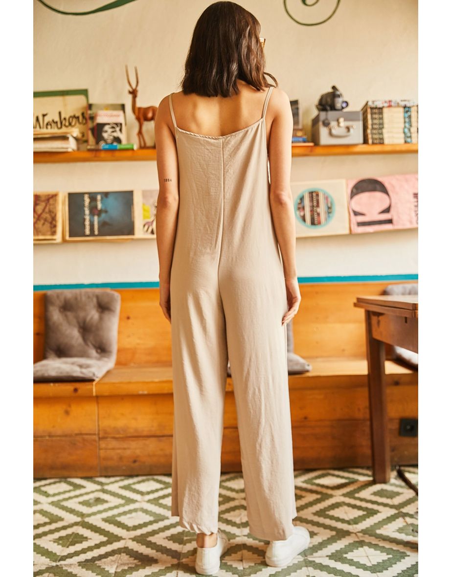 Women's Loose, Plunging Jumpsuit with Stone Pockets . - 3
