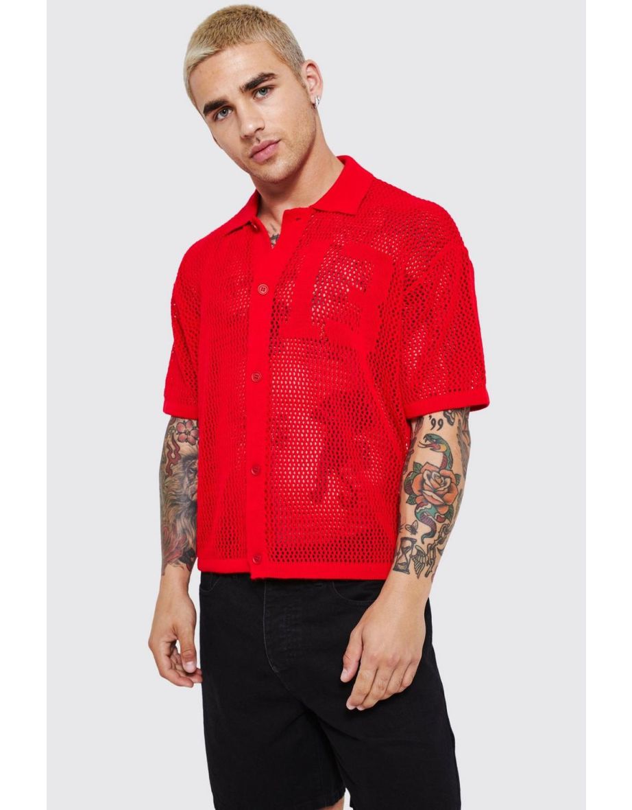 Short Sleeve Boxy Open Stitch Varsity Knit Shirt - red
