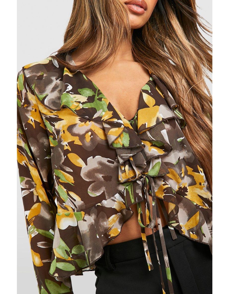 Chiffon Floral Ruffle Blouse - brown - 3