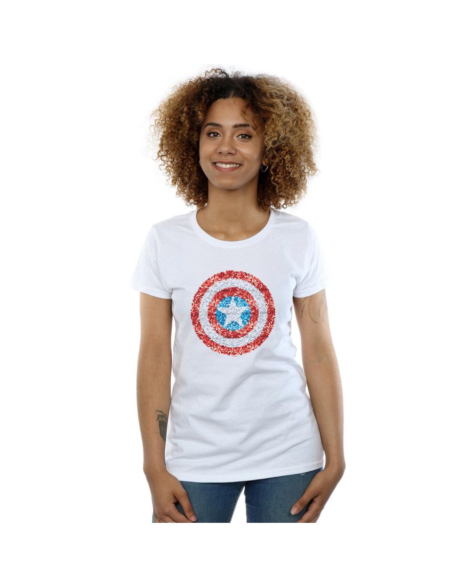 Marvel Womens/Ladies Captain America Pixelated Shield Cotton T-Shirt - White